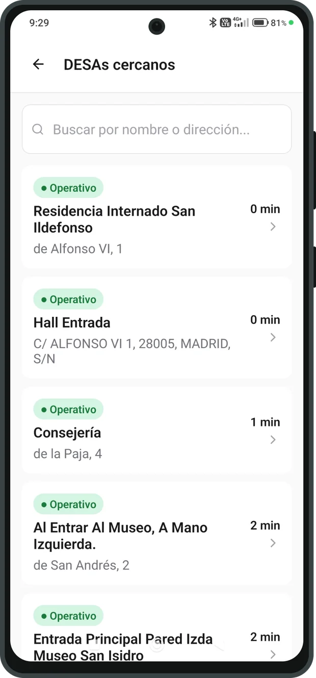 Listado de DESA cercanos ordenados por tiempo a pie