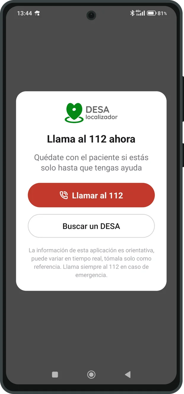 Pantalla de la app recordando llamar al 112 antes de buscar un DESA