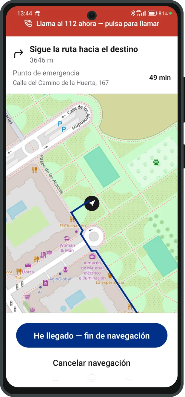 Ruta a pie hasta un punto de emergencia con el tiempo estimado